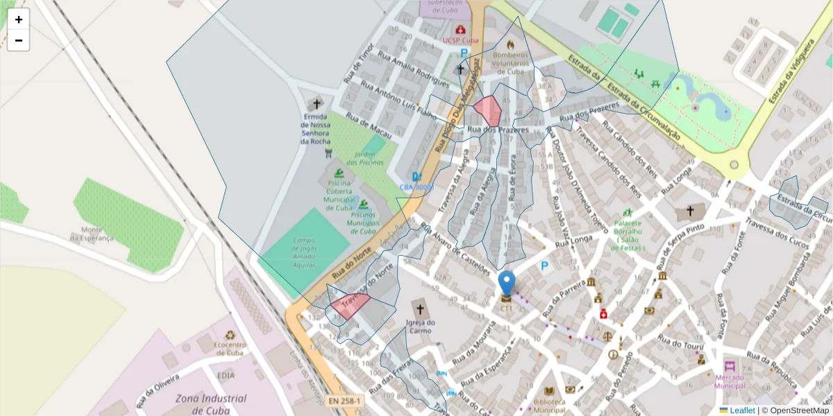 Mapa detalhado do código postal 7940-018 com limites, códigos postais vizinhos e agências dos correios