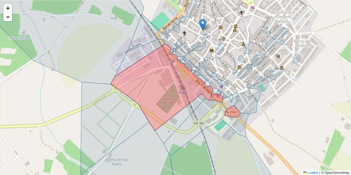 Mapa detalhado do código postal 7940-121 com limites, códigos postais vizinhos e agências dos correios