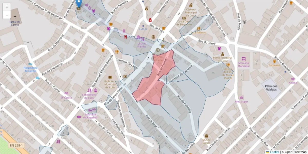 Mapa detalhado do código postal 7940-150 com limites, códigos postais vizinhos e agências dos correios