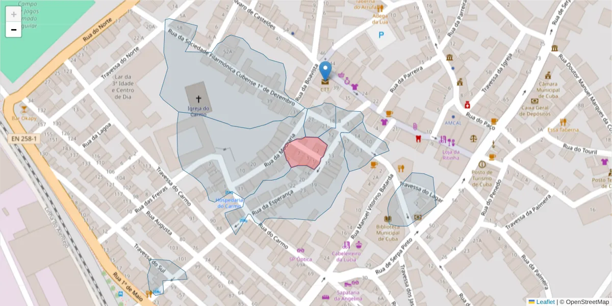 Mapa detalhado do código postal 7940-185 com limites, códigos postais vizinhos e agências dos correios