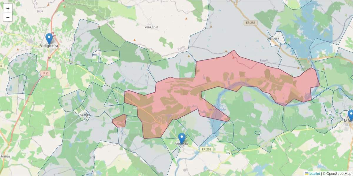 Mapa detalhado do código postal 7960-011 com limites, códigos postais vizinhos e agências dos correios
