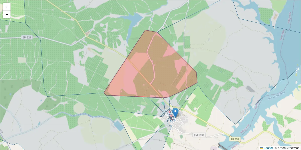 Mapa detalhado do código postal 7960-028 com limites, códigos postais vizinhos e agências dos correios