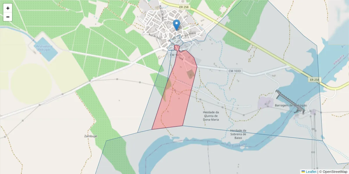 Mapa detalhado do código postal 7960-036 com limites, códigos postais vizinhos e agências dos correios