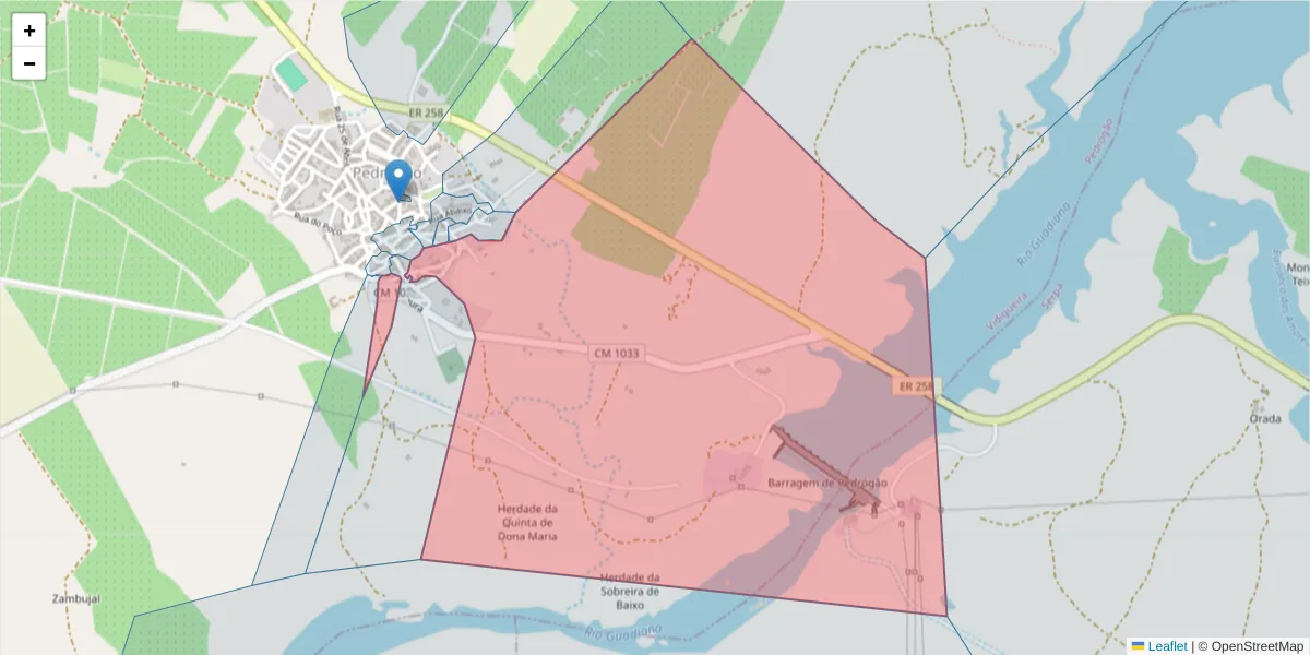Mapa detalhado do código postal 7960-042 com limites, códigos postais vizinhos e agências dos correios