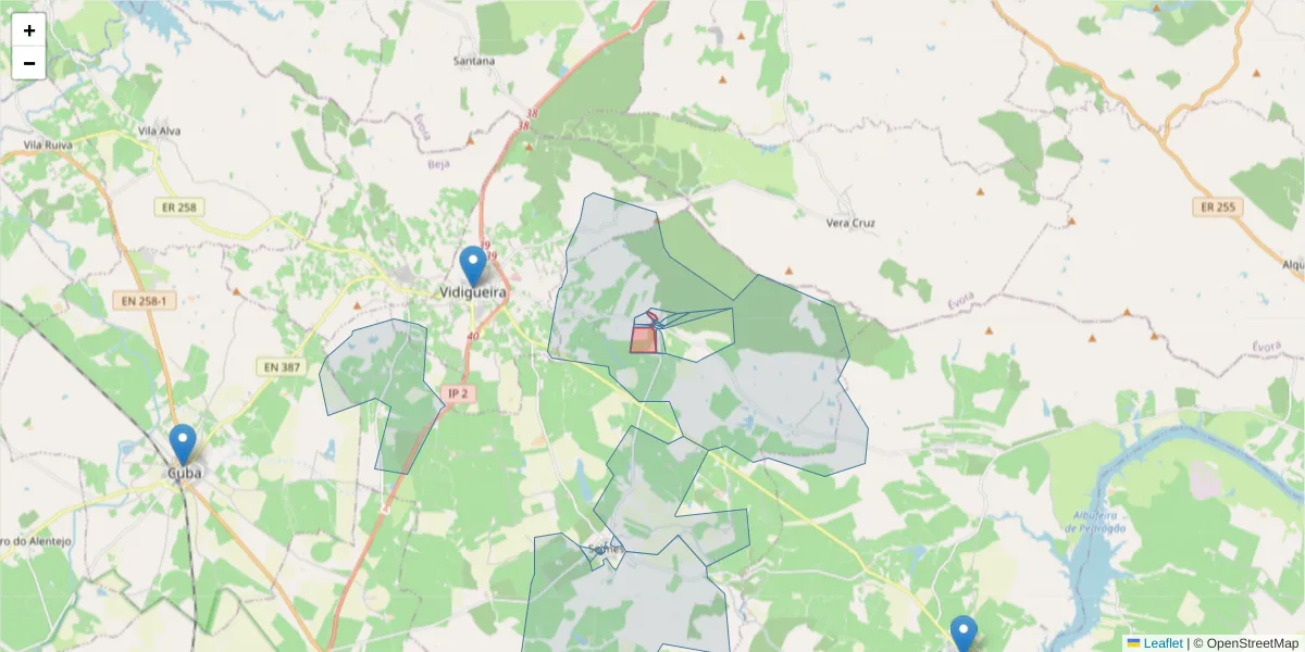 Mapa detalhado do código postal 7960-114 com limites, códigos postais vizinhos e agências dos correios