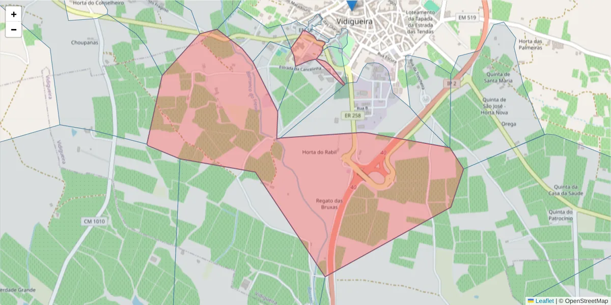 Mapa detalhado do código postal 7960-212 com limites, códigos postais vizinhos e agências dos correios