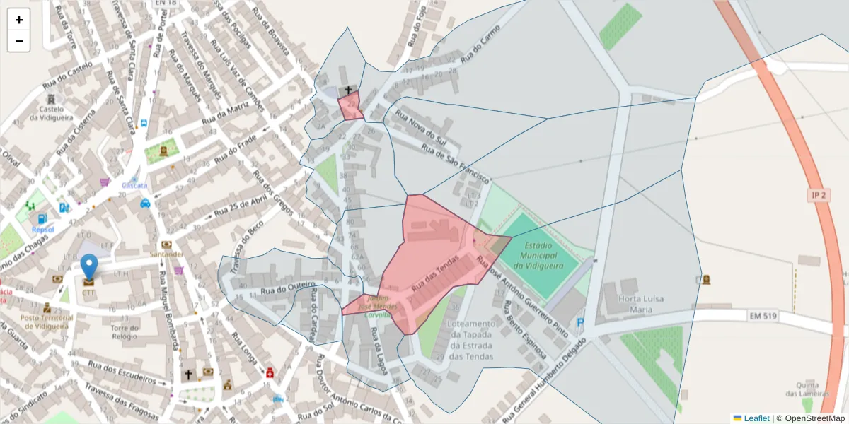 Mapa detalhado do código postal 7960-221 com limites, códigos postais vizinhos e agências dos correios