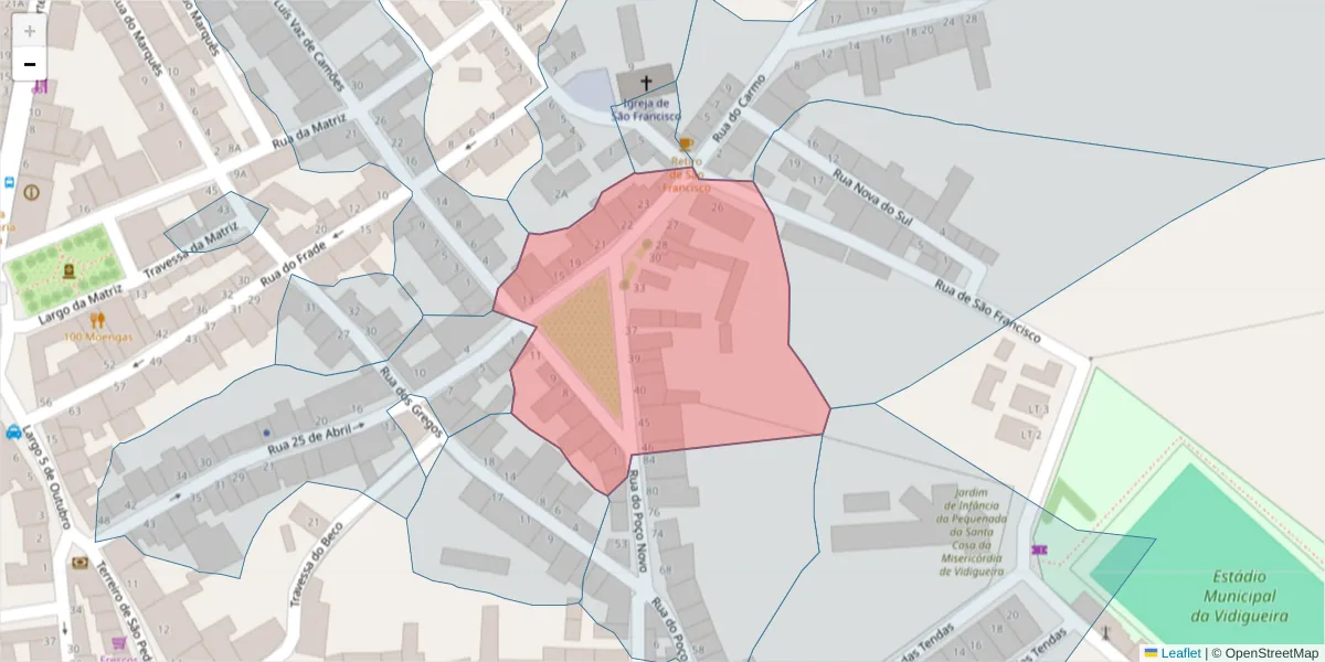 Mapa detalhado do código postal 7960-223 com limites, códigos postais vizinhos e agências dos correios