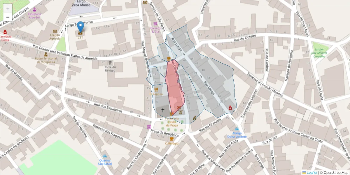 Mapa detalhado do código postal 7960-232 com limites, códigos postais vizinhos e agências dos correios