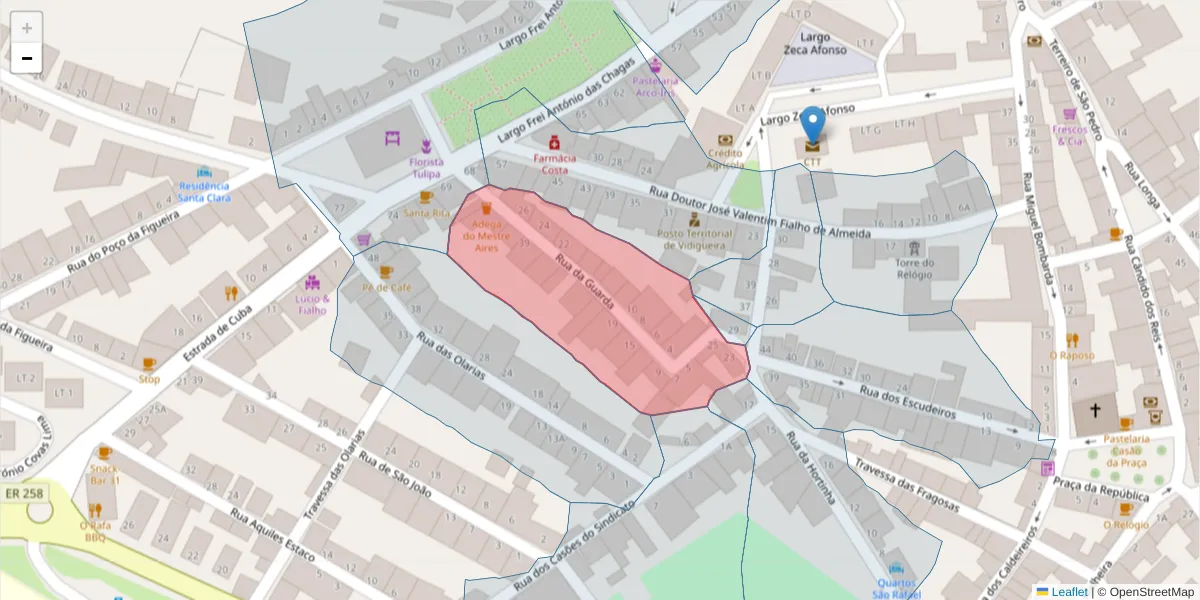 Mapa detalhado do código postal 7960-238 com limites, códigos postais vizinhos e agências dos correios