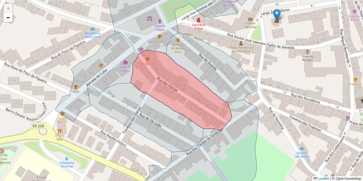 Mapa detalhado do código postal 7960-246 com limites, códigos postais vizinhos e agências dos correios