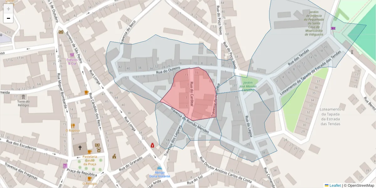 Mapa detalhado do código postal 7960-250 com limites, códigos postais vizinhos e agências dos correios