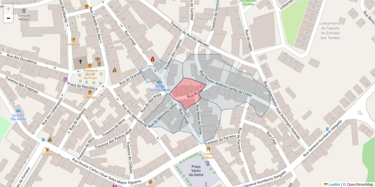 Mapa detalhado do código postal 7960-270 com limites, códigos postais vizinhos e agências dos correios