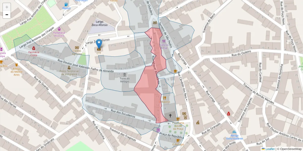 Mapa detalhado do código postal 7960-284 com limites, códigos postais vizinhos e agências dos correios