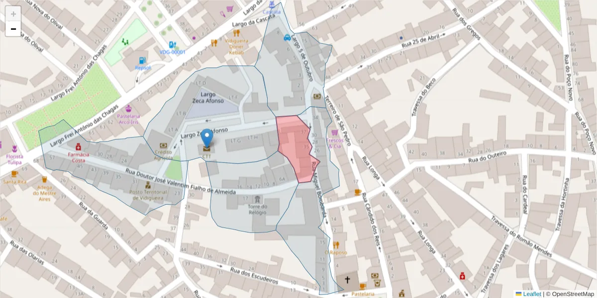 Mapa detalhado do código postal 7960-286 com limites, códigos postais vizinhos e agências dos correios