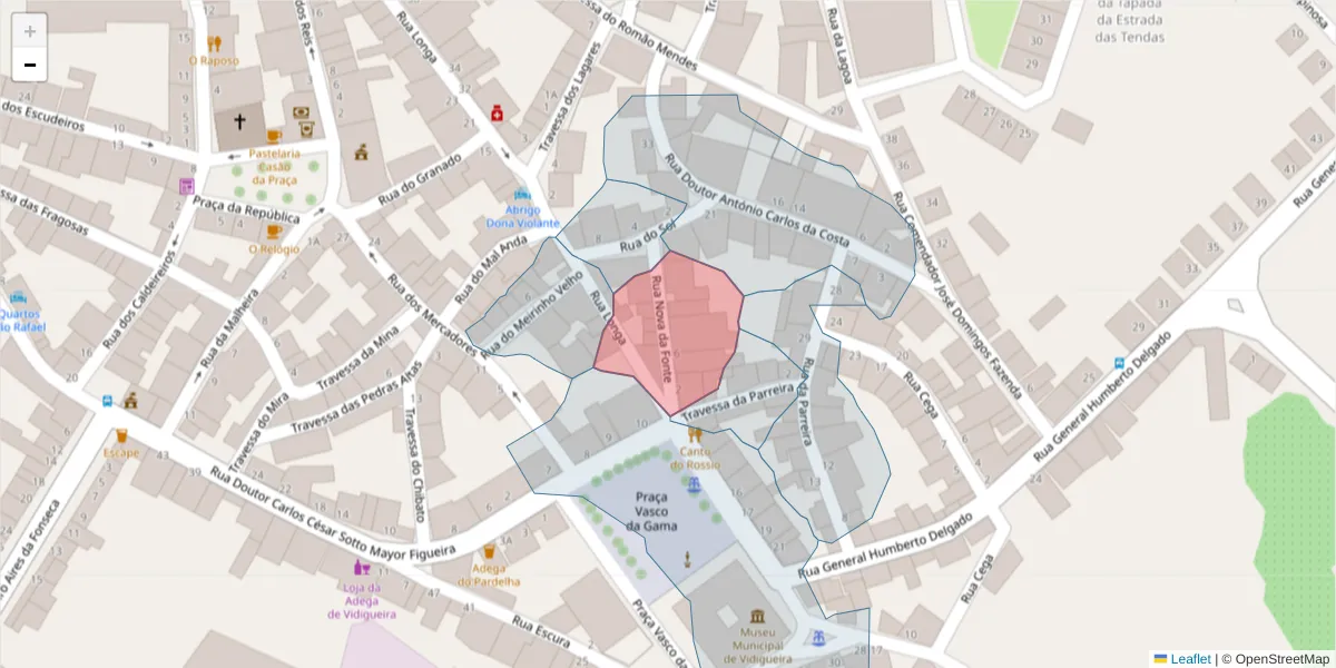 Mapa detalhado do código postal 7960-288 com limites, códigos postais vizinhos e agências dos correios