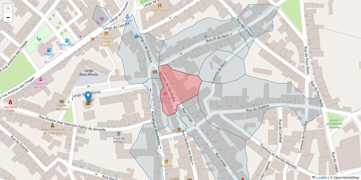 Mapa detalhado do código postal 7960-295 com limites, códigos postais vizinhos e agências dos correios