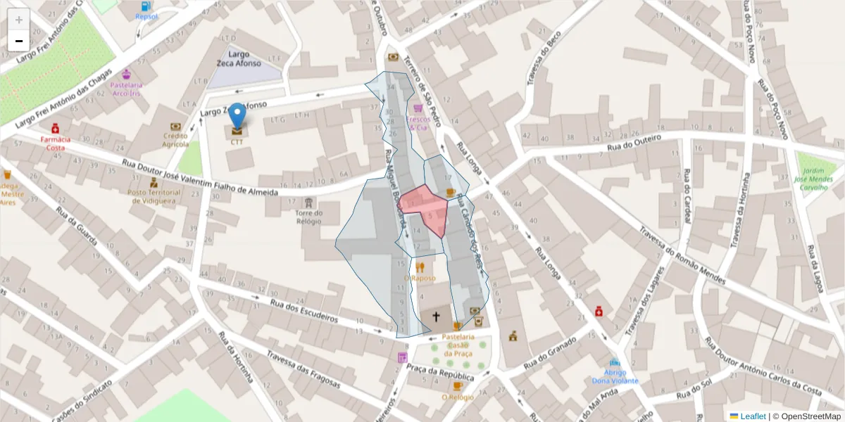 Mapa detalhado do código postal 7960-299 com limites, códigos postais vizinhos e agências dos correios