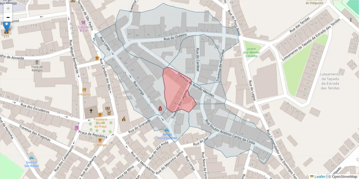 Mapa detalhado do código postal 7960-303 com limites, códigos postais vizinhos e agências dos correios