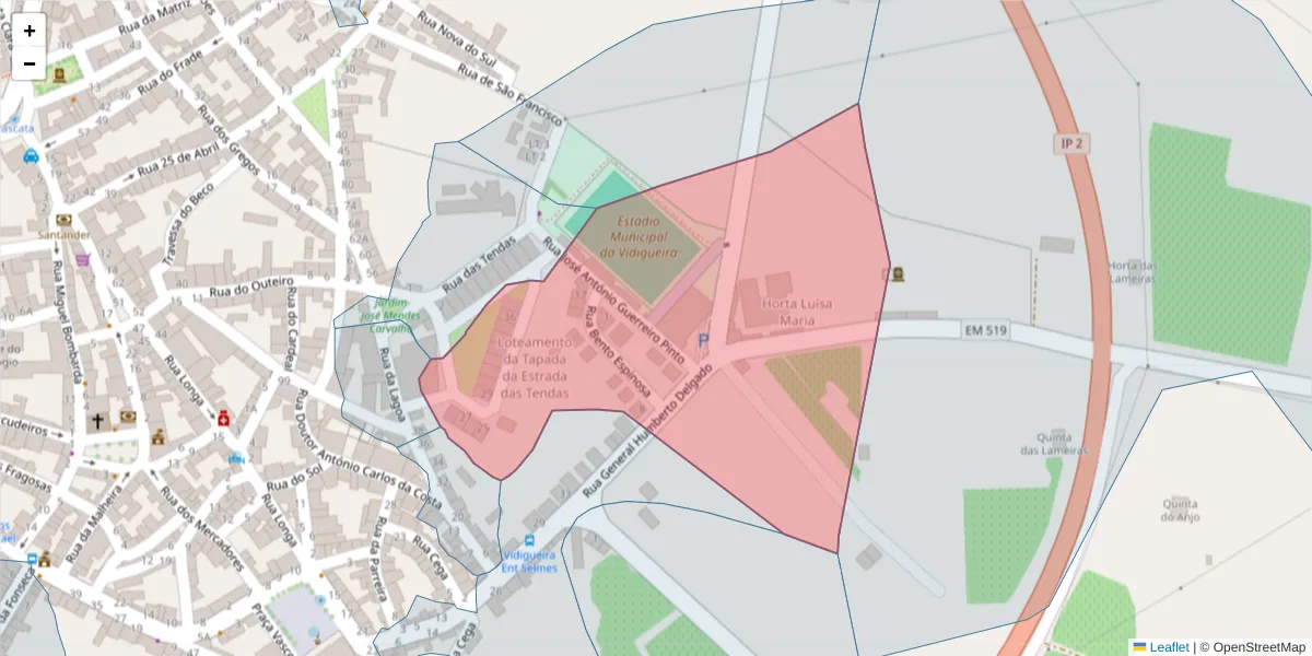 Mapa detalhado do código postal 7960-307 com limites, códigos postais vizinhos e agências dos correios