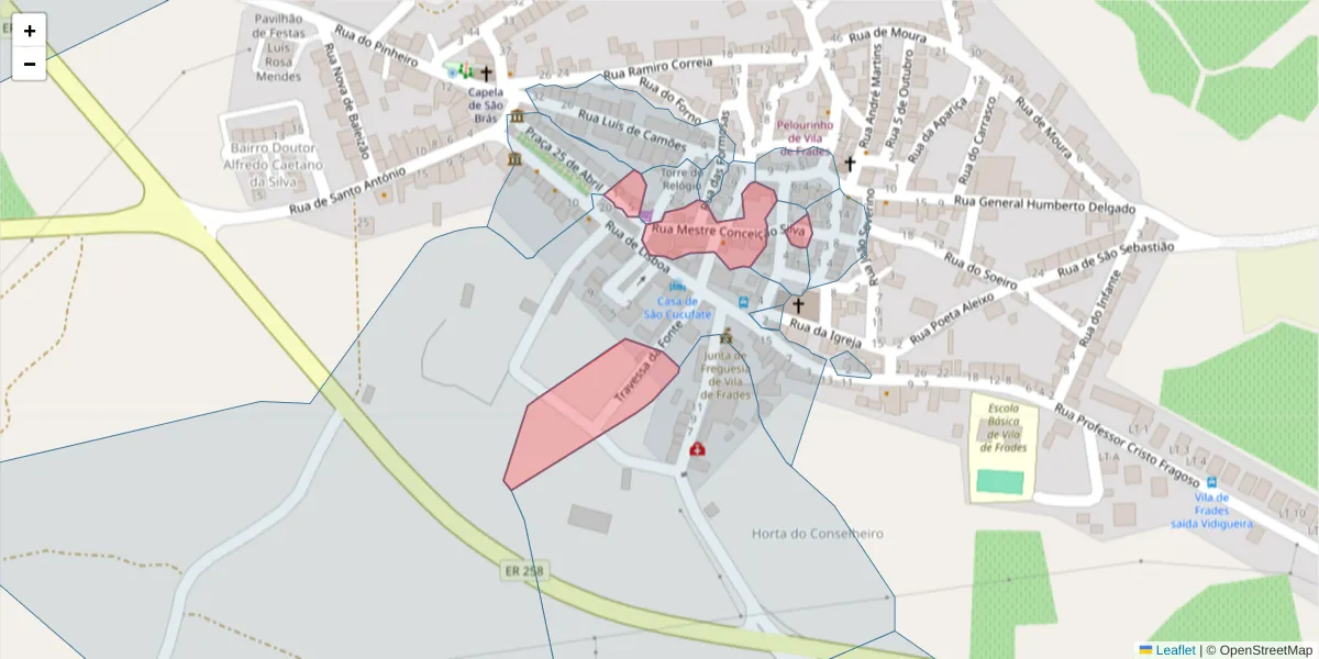 Mapa detalhado do código postal 7960-450 com limites, códigos postais vizinhos e agências dos correios