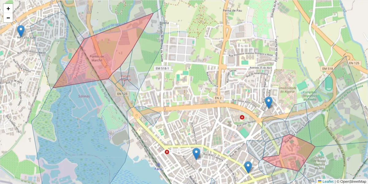 Mapa detalhado do código postal 8000-000 com limites, códigos postais vizinhos e agências dos correios