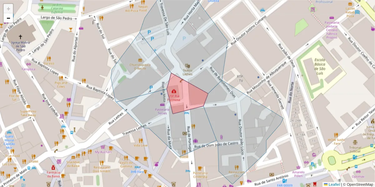 Mapa detalhado do código postal 8000-010 com limites, códigos postais vizinhos e agências dos correios