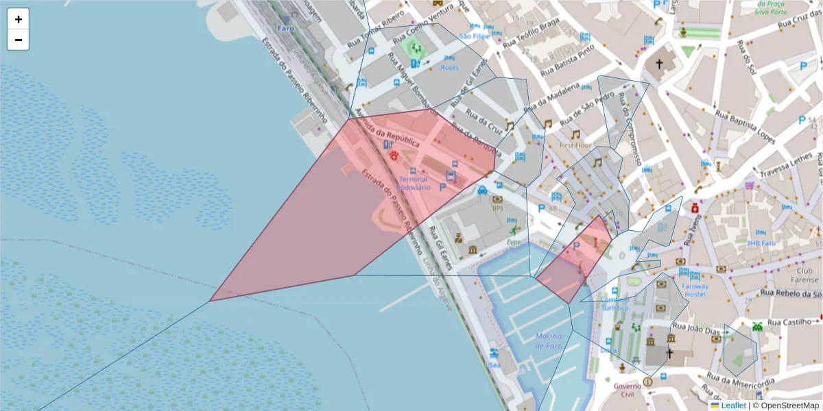 Mapa detalhado do código postal 8000-079 com limites, códigos postais vizinhos e agências dos correios