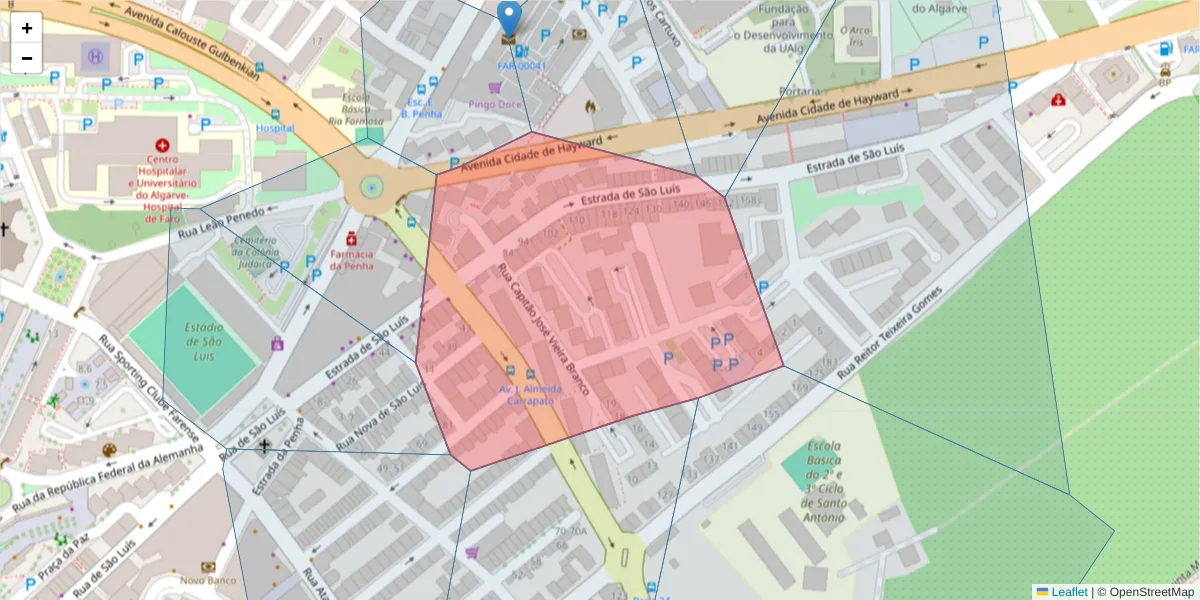 Mapa detalhado do código postal 8000-123 com limites, códigos postais vizinhos e agências dos correios