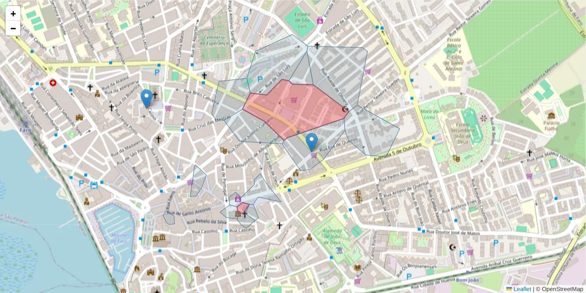 Mapa detalhado do código postal 8000-151 com limites, códigos postais vizinhos e agências dos correios
