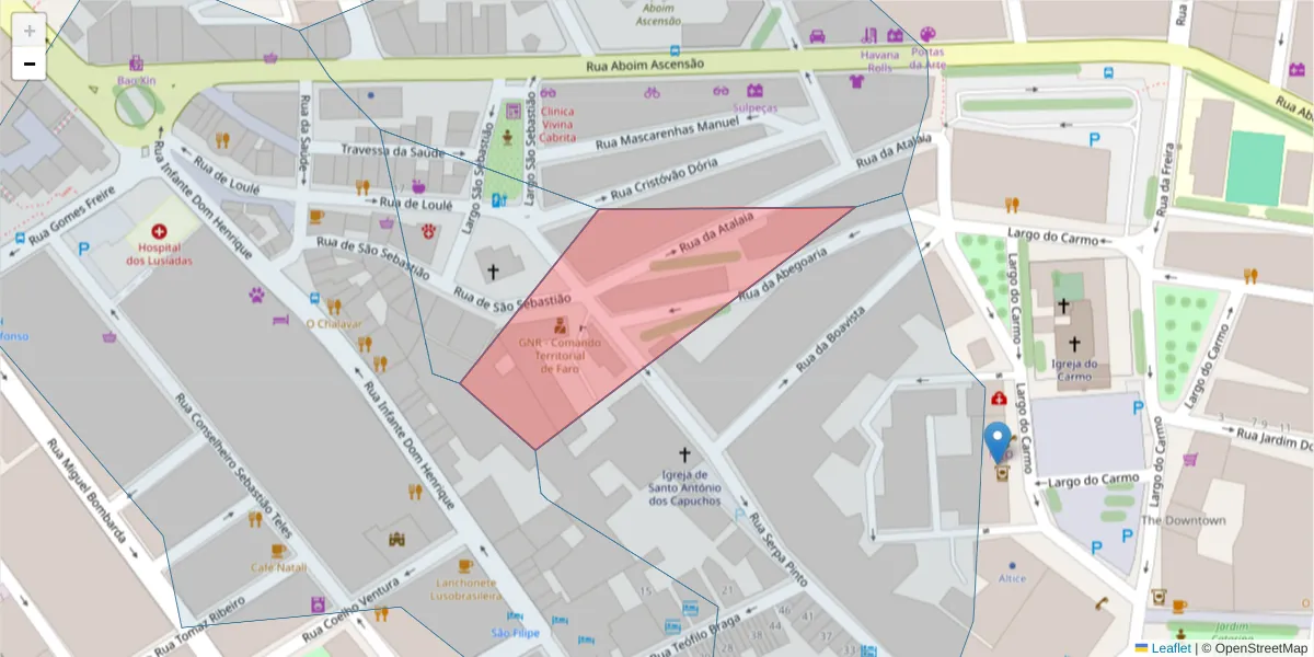 Mapa detalhado do código postal 8000-155 com limites, códigos postais vizinhos e agências dos correios