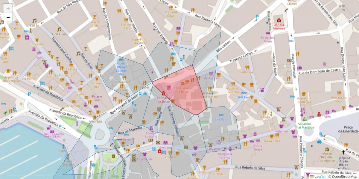 Mapa detalhado do código postal 8000-172 com limites, códigos postais vizinhos e agências dos correios