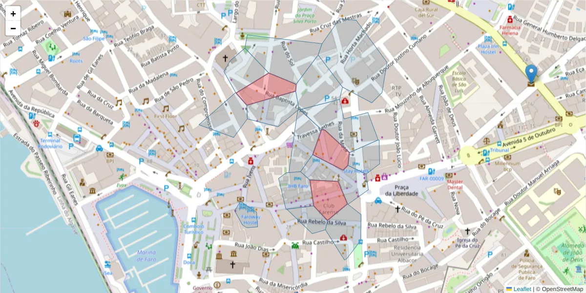 Mapa detalhado do código postal 8000-225 com limites, códigos postais vizinhos e agências dos correios