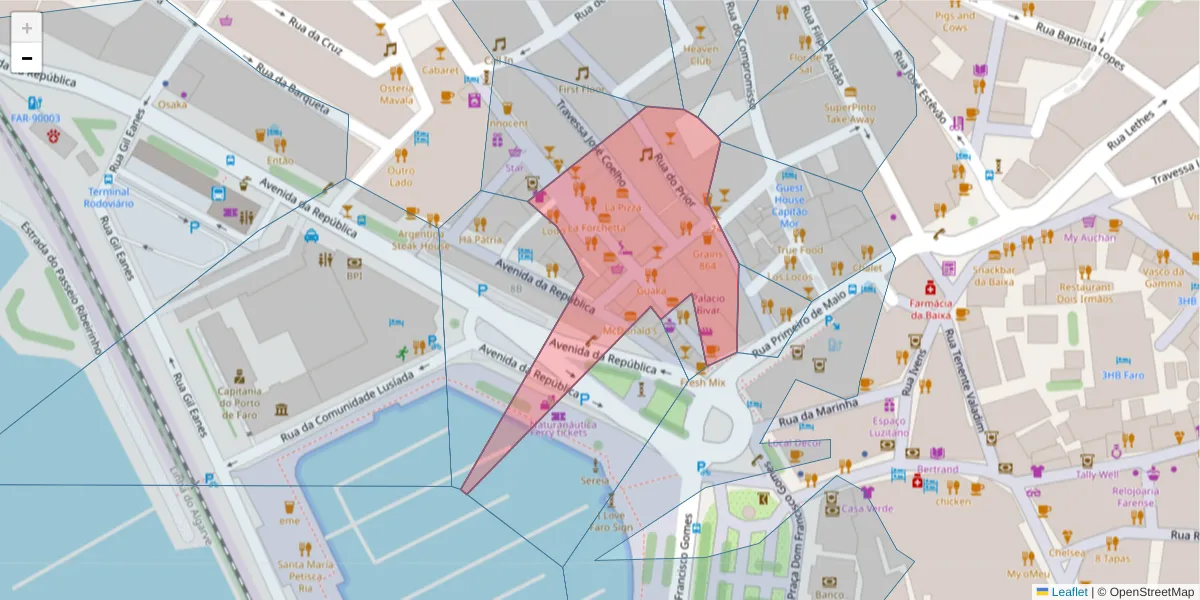 Mapa detalhado do código postal 8000-255 com limites, códigos postais vizinhos e agências dos correios