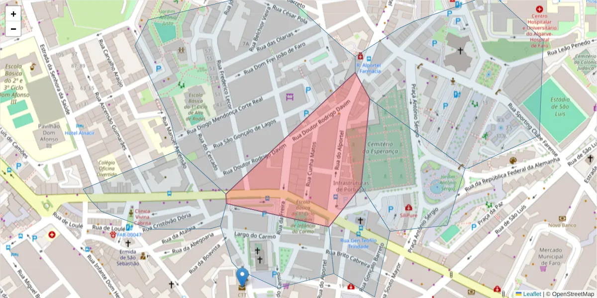 Mapa detalhado do código postal 8000-262 com limites, códigos postais vizinhos e agências dos correios
