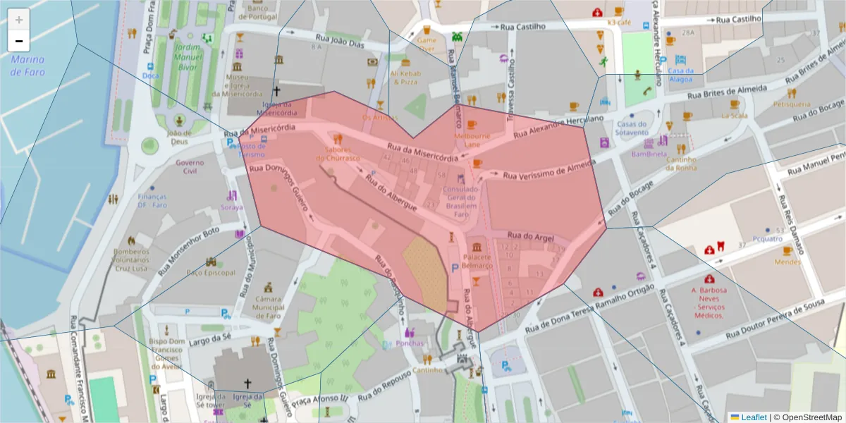 Mapa detalhado do código postal 8000-269 com limites, códigos postais vizinhos e agências dos correios