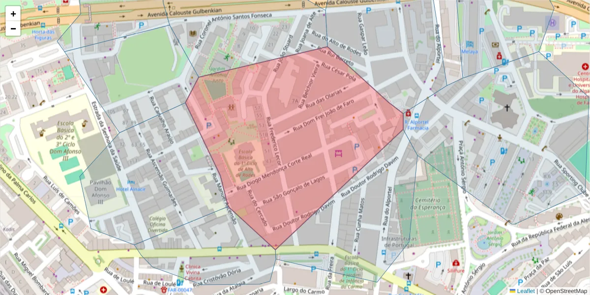 Mapa detalhado do código postal 8000-346 com limites, códigos postais vizinhos e agências dos correios