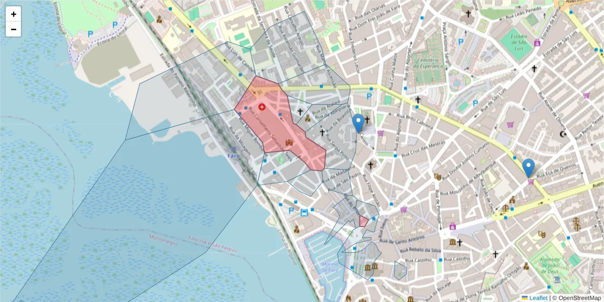 Mapa detalhado do código postal 8000-363 com limites, códigos postais vizinhos e agências dos correios