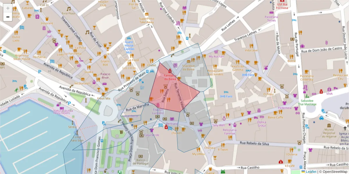 Mapa detalhado do código postal 8000-364 com limites, códigos postais vizinhos e agências dos correios
