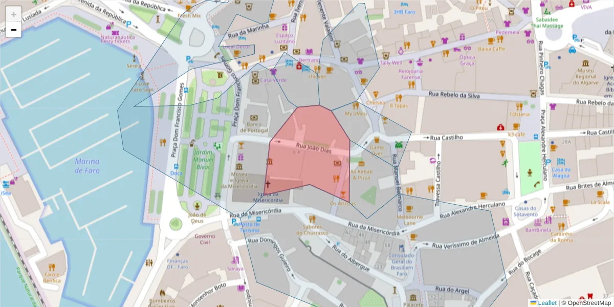 Mapa detalhado do código postal 8000-369 com limites, códigos postais vizinhos e agências dos correios