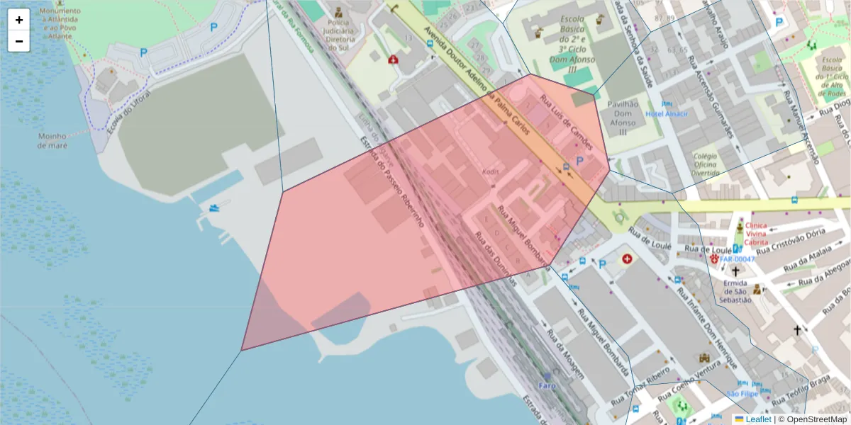 Mapa detalhado do código postal 8000-394 com limites, códigos postais vizinhos e agências dos correios