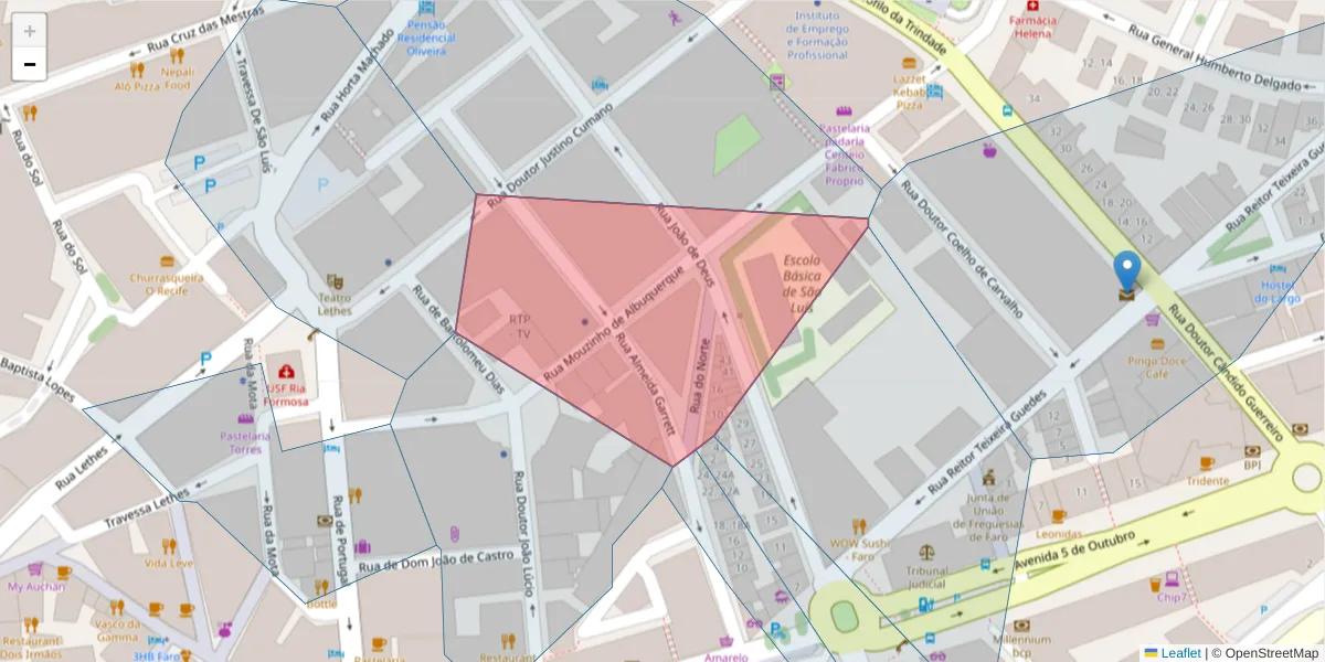 Mapa detalhado do código postal 8000-397 com limites, códigos postais vizinhos e agências dos correios