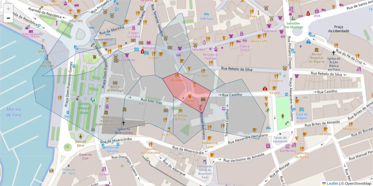 Mapa detalhado do código postal 8000-410 com limites, códigos postais vizinhos e agências dos correios