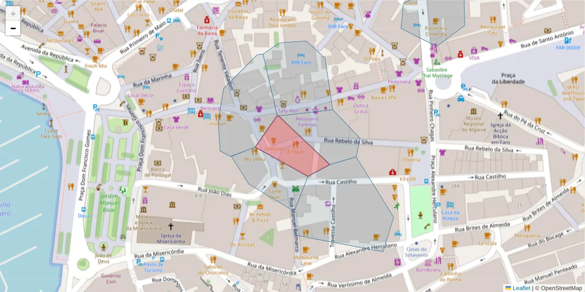 Mapa detalhado do código postal 8000-417 com limites, códigos postais vizinhos e agências dos correios