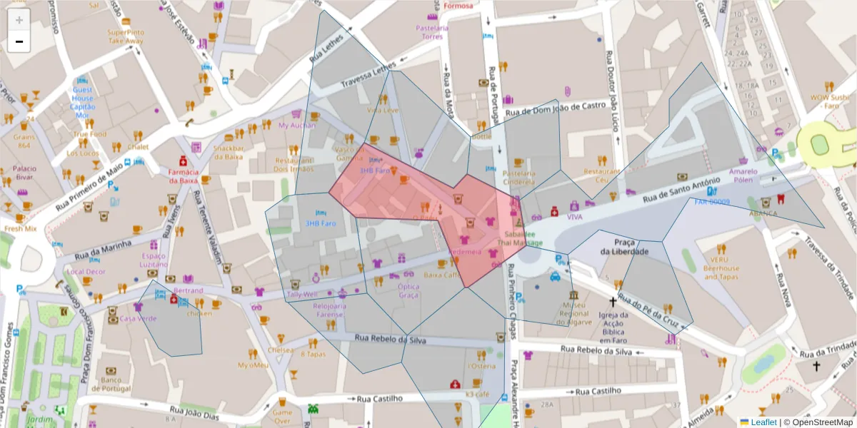 Mapa detalhado do código postal 8000-442 com limites, códigos postais vizinhos e agências dos correios