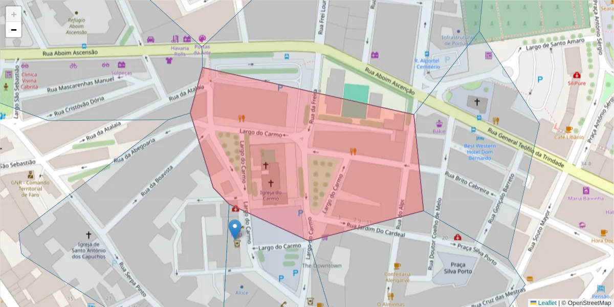 Mapa detalhado do código postal 8000-448 com limites, códigos postais vizinhos e agências dos correios