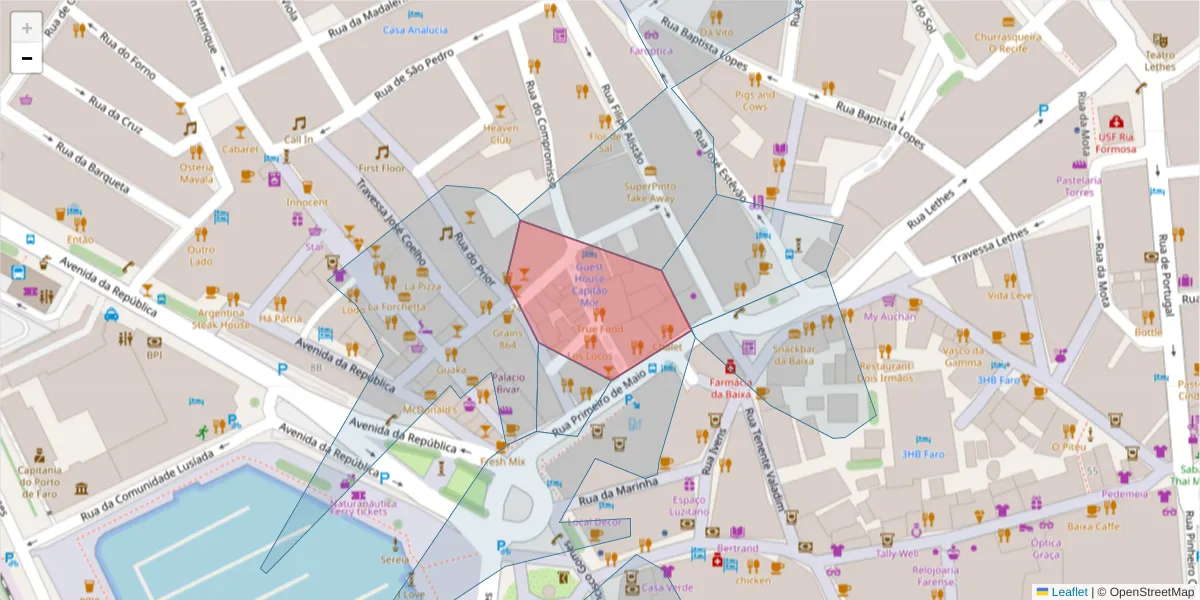 Mapa detalhado do código postal 8000-458 com limites, códigos postais vizinhos e agências dos correios