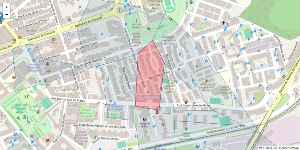 Mapa detalhado do código postal 8000-505 com limites, códigos postais vizinhos e agências dos correios