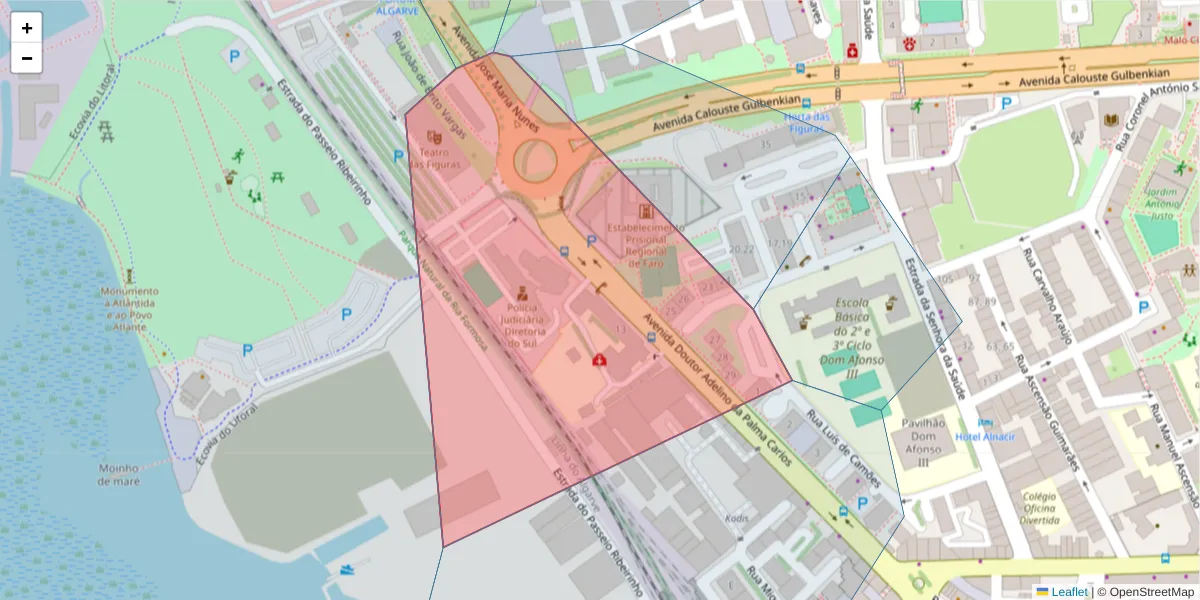 Mapa detalhado do código postal 8000-510 com limites, códigos postais vizinhos e agências dos correios