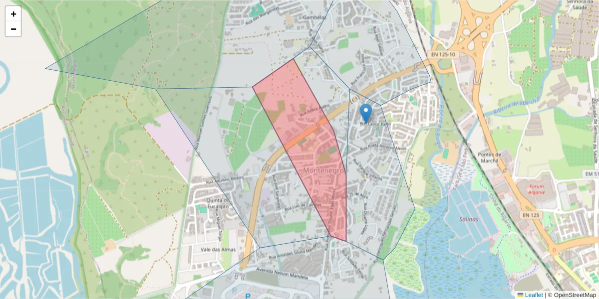 Mapa detalhado do código postal 8005-166 com limites, códigos postais vizinhos e agências dos correios